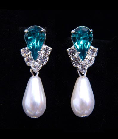 #5538BZS - Rhinestone Pear V Pearl Drop Earrings - Blue Zircon Silver