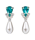#5538BZS - Rhinestone Pear V Pearl Drop Earrings - Blue Zircon Silver