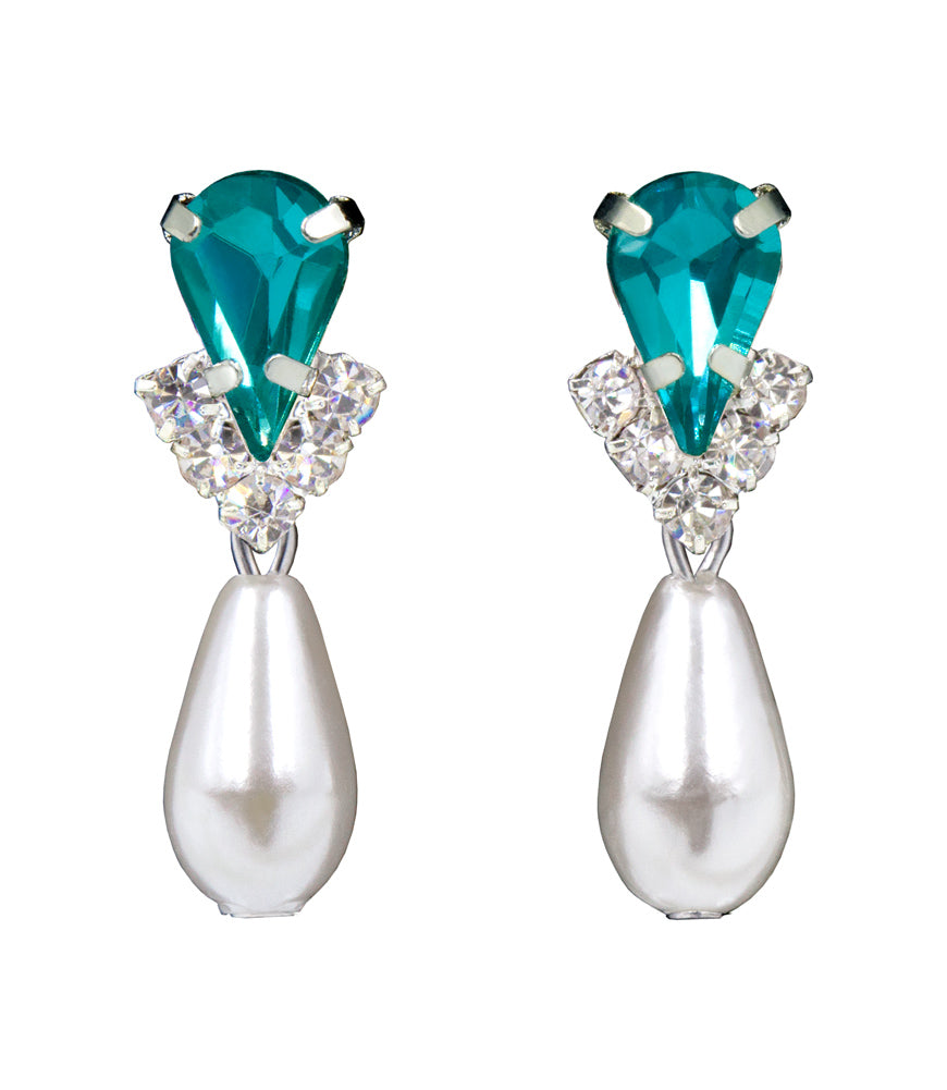 #5538BZS - Rhinestone Pear V Pearl Drop Earrings - Blue Zircon Silver